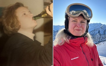 Lebby Eyres at school drinking, vs her on the ski slopes in the present day 