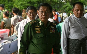 General Min Aung Hlaing meets earthquake survivors in Naypyidaw, the capital of Myanmar