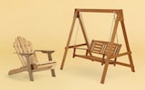 The La Redoute Theodore Adirondack-Style Garden Armchair and Ariana two-person mahogany solid wood porch swing on a yellow background