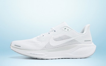 Nike Pegasus 41 in Platinum White on a blue background