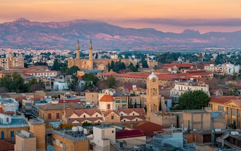 Beautiful aerial view over old town of Nicosia, Northern Cyprus and Selimiye Mosque in Cyprus