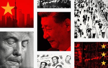Collage of Trump, Xi Jinpig, Chinese flag, yuan