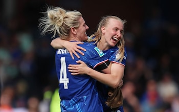 Aggie Beever-Jones (right) and Millie Bright embrace as they celebrate Chelsea's FA Women's Cup semi-final victory over Liverpool 