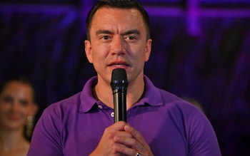 Daniel Noboa, Ecuador's president, speaking during a rally in Olon after he won the general election 
