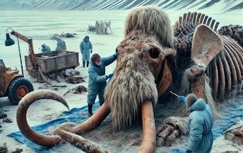A digital illustration of the paleontological dig that sparked the fictional 'mammothpox' outbreak in the WHO's pandemic preparedness exercise