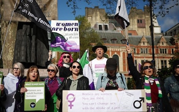 Gender-critical campaigners outside the Supreme Court on Wednesday morning